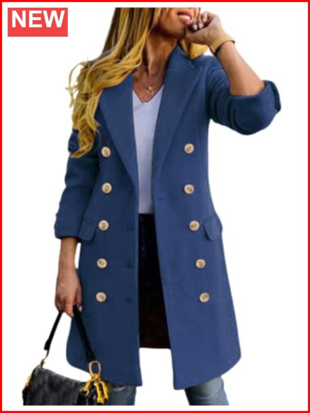 Wool Blend Double Breasted Midi Peacoat Trench Coat Notch Collar